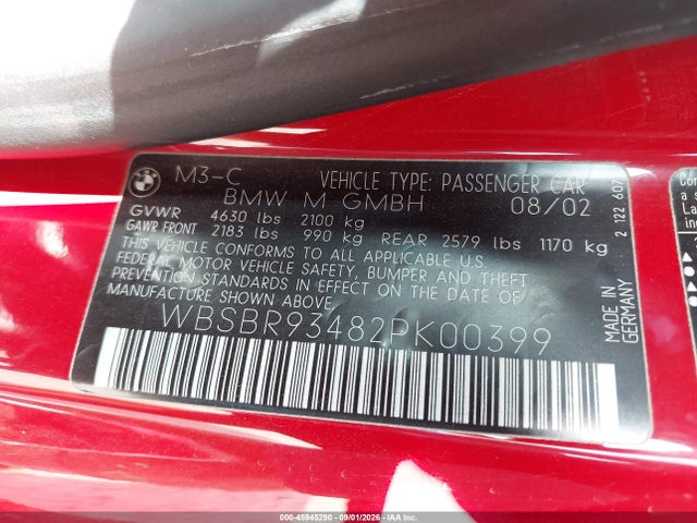 2002 Bmw M3 მანქანა იყიდება აუქციონზე, vin: WBSBR93482PK00399, აუქციონის ნომერი: 45945290