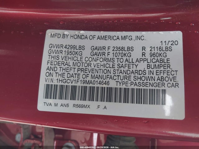 Продажа на аукционе авто 2021 Honda Accord Lx, vin: 1HGCV1F19MA014646, номер лота: 45945292