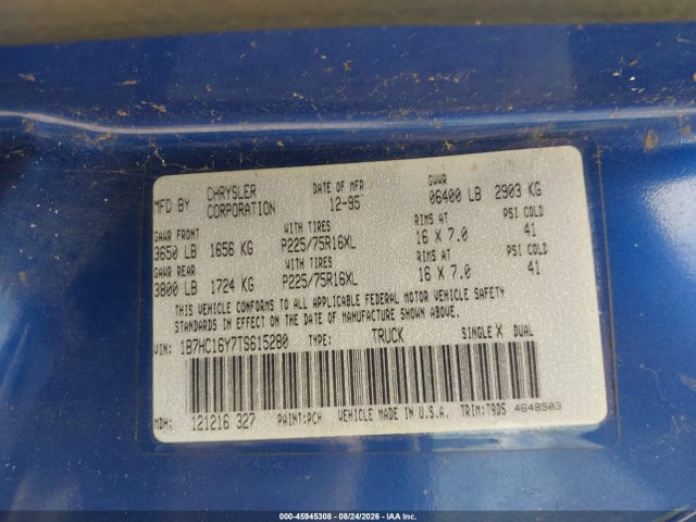 45945308 :رقم المزاد ، 1B7HC16Y7TS615280 vin ، 1996 Dodge Ram 1500 مزاد بيع