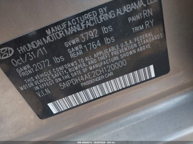 Aukcja sprzedaży 2012 Hyundai Elantra Limited, vin: 5NPDH4AE2CH120000, numer aukcji: 45945314