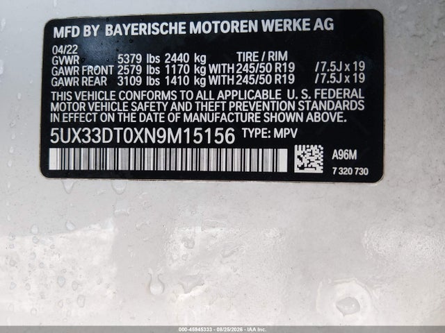 Продажа на аукционе авто 2022 Bmw X4 Xdrive30i, vin: 5UX33DT0XN9M15156, номер лота: 45945333
