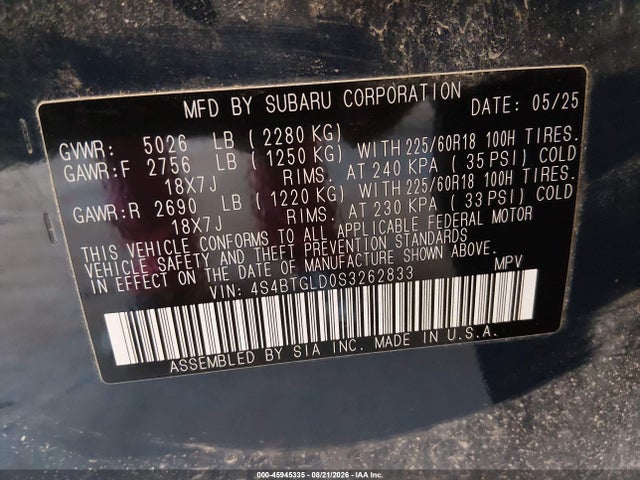 2025 Subaru Outback Onyx Edition Xt მანქანა იყიდება აუქციონზე, vin: 4S4BTGLD0S3262833, აუქციონის ნომერი: 45945335
