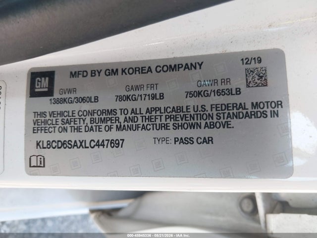 Продаж на аукціоні авто 2020 Chevrolet Spark Fwd 1lt Automatic, vin: KL8CD6SAXLC447697, номер лоту: 45945336