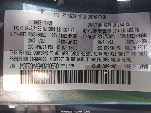 Aukcja sprzedaży 2010 Mazda Cx-9 Grand Touring, vin: JM3TB3MA9A0210570, numer aukcji: 45945338