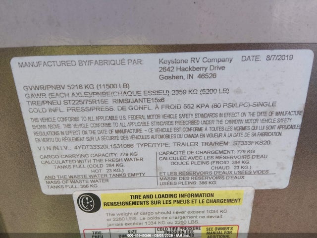 Продаж на аукціоні авто 2020 Sprinter Other, vin: 4YDT33320L1531066, номер лоту: 45945346
