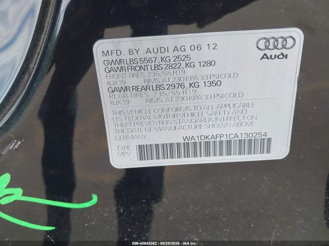 Aukcja sprzedaży 2012 Audi Q5 3.2 Premium Plus, vin: WA1DKAFP1CA130254, numer aukcji: 45945362