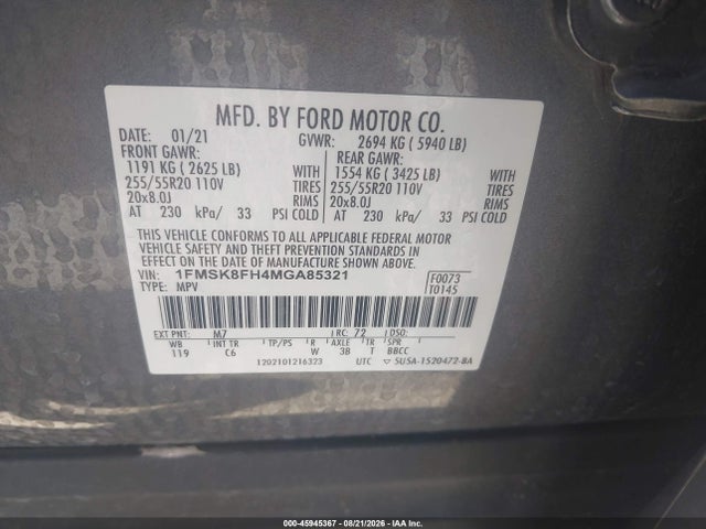 2021 Ford Explorer Limited მანქანა იყიდება აუქციონზე, vin: 1FMSK8FH4MGA85321, აუქციონის ნომერი: 45945367