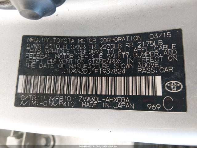 Toyota Prius Two 2015 JTDKN3DU1F1937824 Image 9