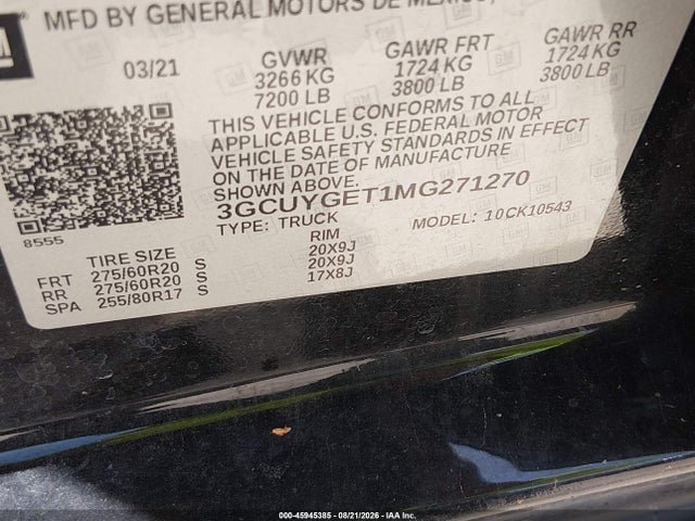 Продаж на аукціоні авто 2021 Chevrolet Silverado 1500, vin: 3GCUYGET1MG271270, номер лоту: 45945385