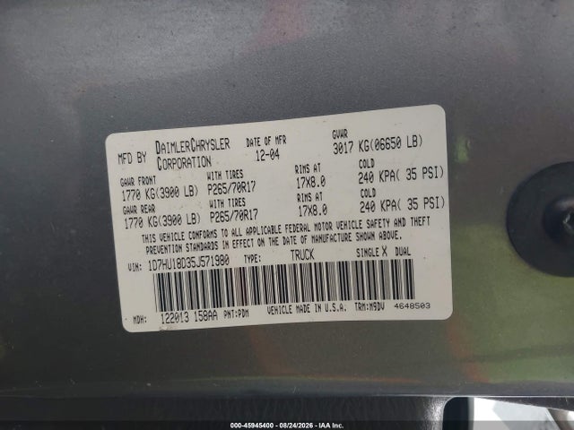 45945400 :رقم المزاد ، 1D7HU18D35J571980 vin ، 2005 Dodge Ram 1500 Slt/laramie مزاد بيع