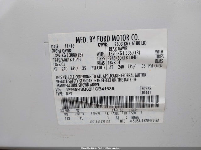 2017 Ford Explorer მანქანა იყიდება აუქციონზე, vin: 1FM5K8B82HGB41636, აუქციონის ნომერი: 45945403