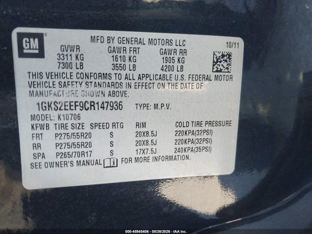 Aukcja sprzedaży 2012 Gmc Yukon Denali, vin: 1GKS2EEF9CR147936, numer aukcji: 45945406