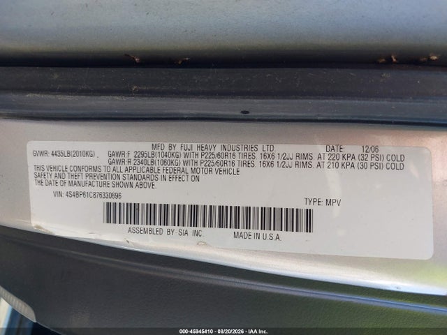 2007 Subaru Outback 2.5i Basic მანქანა იყიდება აუქციონზე, vin: 4S4BP61C876330696, აუქციონის ნომერი: 45945410