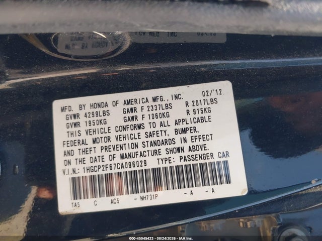 Aukcja sprzedaży 2012 Honda Accord 2.4 Se, vin: 1HGCP2F67CA096029, numer aukcji: 45945423