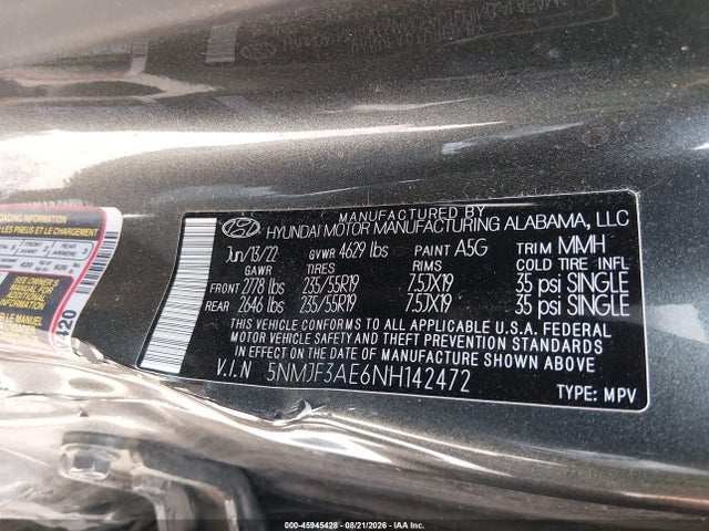 45945428 :رقم المزاد ، 5NMJF3AE6NH142472 vin ، 2022 Hyundai Tucson Sel مزاد بيع