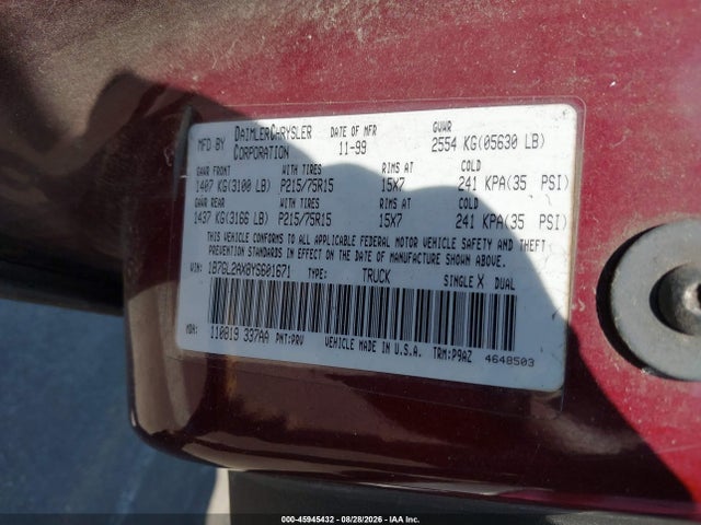 Продажа на аукционе авто 2000 Dodge Dakota Slt/sport, vin: 1B7GL2AX8YS601671, номер лота: 45945432