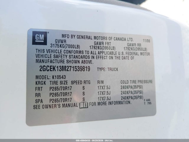 2007 Chevrolet Silverado 1500 Lt2 მანქანა იყიდება აუქციონზე, vin: 2GCEK13M271539819, აუქციონის ნომერი: 45945435