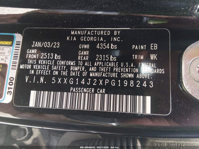 Auction sale of the 2023 Kia K5 Lxs, vin: 5XXG14J2XPG198243, lot number: 45945438