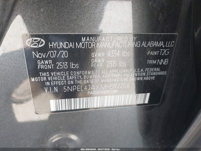 2021 Hyundai Sonata Sel მანქანა იყიდება აუქციონზე, vin: 5NPEL4JAXMH092206, აუქციონის ნომერი: 45945449