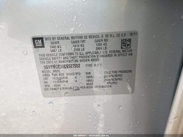 45945471 :رقم المزاد ، 3GYFNGE30CS527552 vin ، 2012 Cadillac Srx Standard مزاد بيع