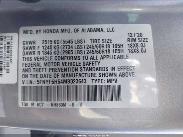 Продажа на аукционе авто 2021 Honda Pilot 2wd Ex-l, vin: 5FNYF5H54MB023643, номер лота: 45945472