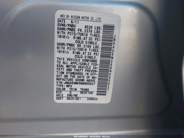 Продаж на аукціоні авто 2011 Nissan Rogue S, vin: JN8AS5MV6BW685627, номер лоту: 45945480