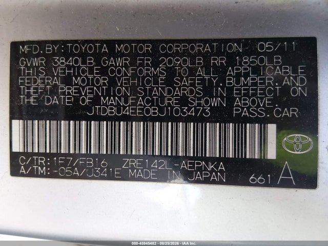 45945482 :رقم المزاد ، JTDBU4EE0BJ103473 vin ، 2011 Toyota Corolla Le مزاد بيع