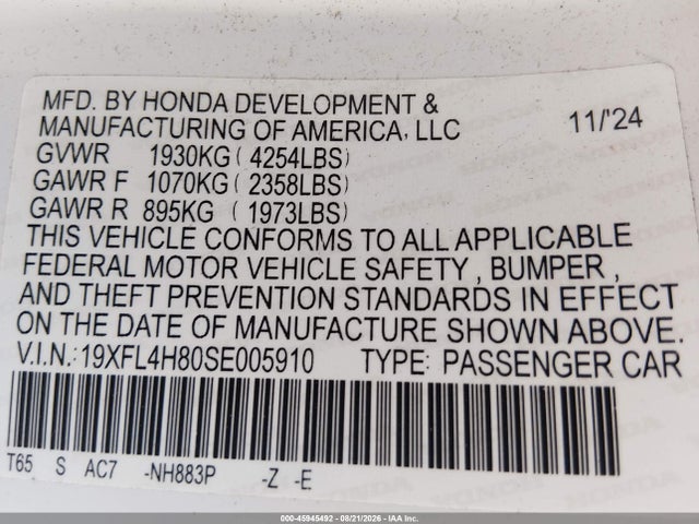 45945492 :رقم المزاد ، 19XFL4H80SE005910 vin ، 2025 Honda Civic Hybrid Sport مزاد بيع