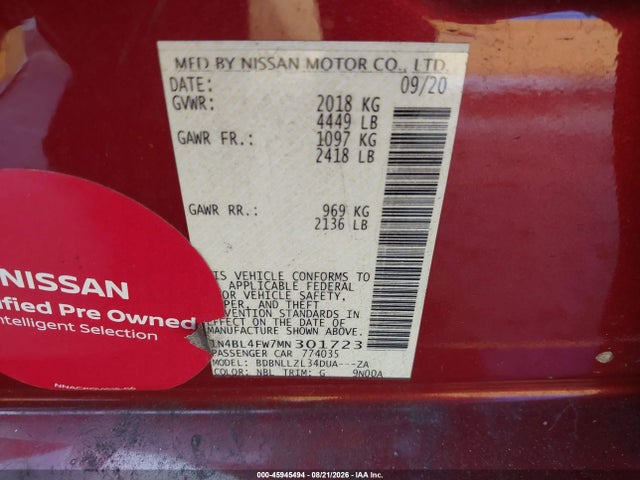 Продажа на аукционе авто 2021 Nissan Altima Platinum Intelligent Awd, vin: 1N4BL4FW7MN301723, номер лота: 45945494
