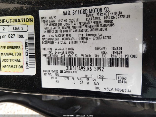 Aukcja sprzedaży 2020 Lincoln Mkz Standard, vin: 3LN6L5A92LR613992, numer aukcji: 45945503