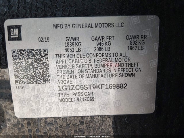 Продажа на аукционе авто 2019 Chevrolet Malibu Ls, vin: 1G1ZC5ST9KF169882, номер лота: 45945511