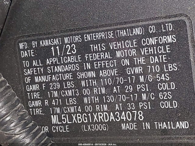 45945514 :رقم المزاد ، ML5LXBG1XRDA34078 vin ، 2024 Kawasaki Klx300 S مزاد بيع