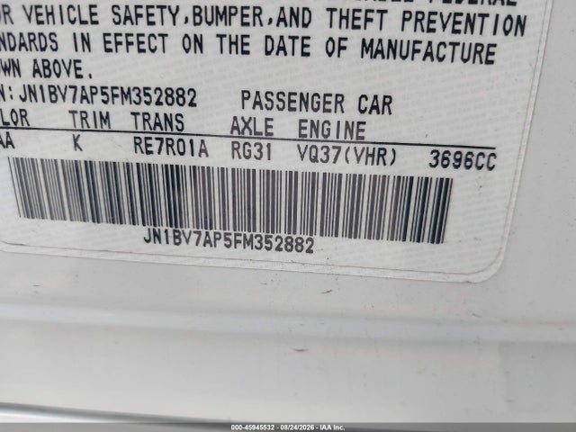 Aukcja sprzedaży 2015 Infiniti Q50, vin: JN1BV7AP5FM352882, numer aukcji: 45945532