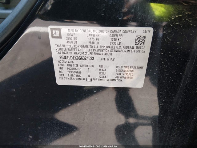 Продаж на аукціоні авто 2016 Chevrolet Equinox Ltz, vin: 2GNALDEK9G6324523, номер лоту: 45945545