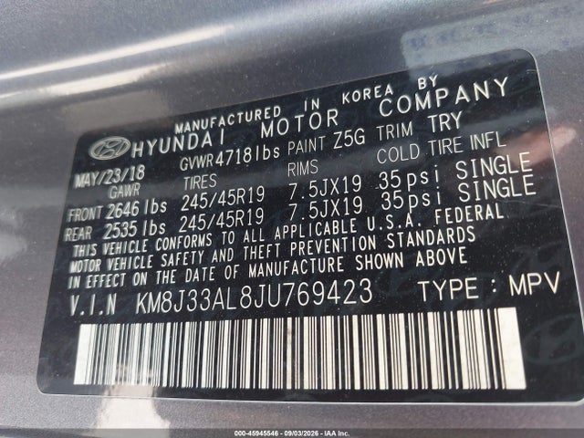 45945546 :رقم المزاد ، KM8J33AL8JU769423 vin ، 2018 Hyundai Tucson Sport مزاد بيع