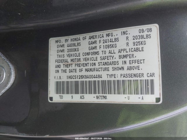 45945547 :رقم المزاد ، 1HGCS128X9A004484 vin ، 2009 Honda Accord 2.4 Ex-l مزاد بيع