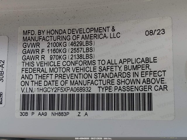 Aukcja sprzedaży 2023 Honda Accord Hybrid Sport, vin: 1HGCY2F5XPA068932, numer aukcji: 45945555