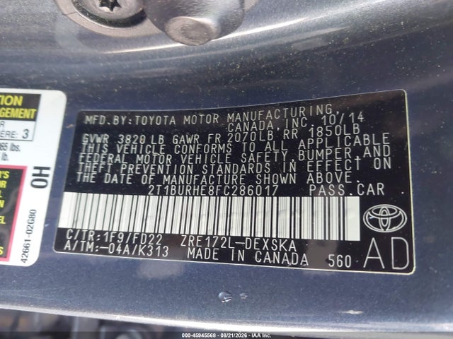 Продаж на аукціоні авто 2015 Toyota Corolla S Plus, vin: 2T1BURHE8FC286017, номер лоту: 45945568