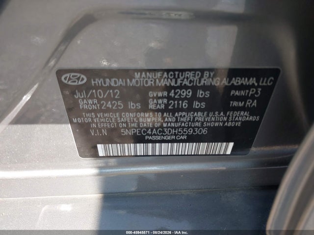 2013 Hyundai Sonata Se მანქანა იყიდება აუქციონზე, vin: 5NPEC4AC3DH559306, აუქციონის ნომერი: 45945571