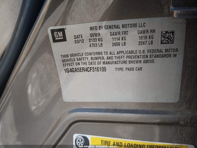 Aukcja sprzedaży 2012 Buick Lacrosse, vin: 1G4GA5ER4CF316109, numer aukcji: 45945573