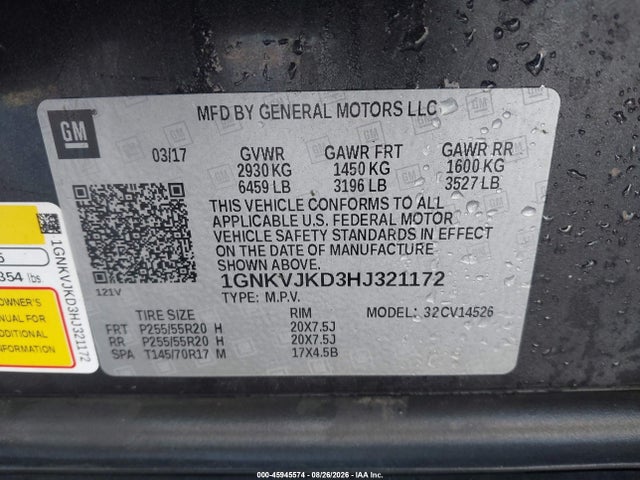 2017 Chevrolet Traverse Premier მანქანა იყიდება აუქციონზე, vin: 1GNKVJKD3HJ321172, აუქციონის ნომერი: 45945574