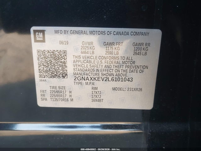 Auction sale of the 2020 Chevrolet Equinox Fwd Lt 1.5l Turbo, vin: 2GNAXKEV2L6101043, lot number: 45945582