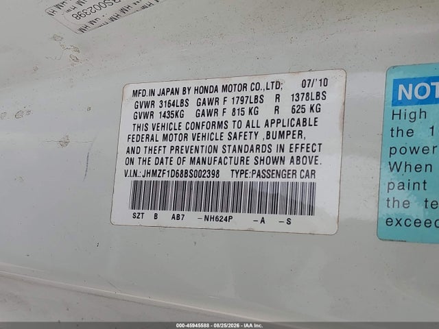 Aukcja sprzedaży 2011 Honda Cr-z Ex, vin: JHMZF1D68BS002398, numer aukcji: 45945588