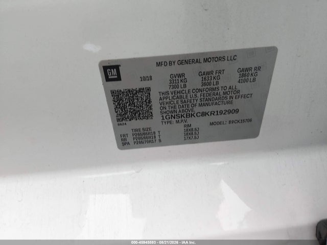 Продажа на аукционе авто 2019 Chevrolet Tahoe Lt, vin: 1GNSKBKC8KR192909, номер лота: 45945593
