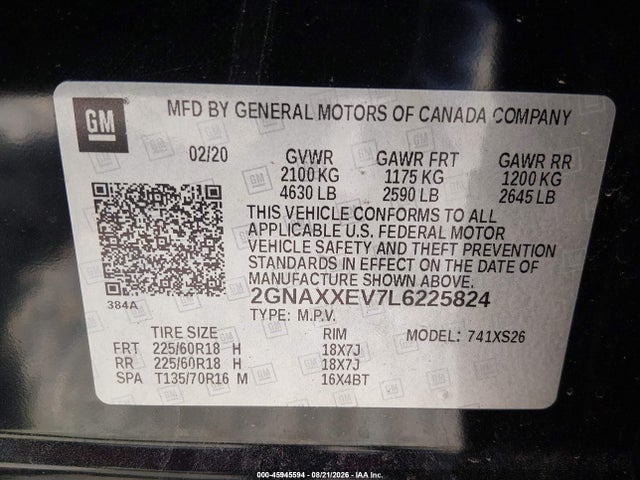 45945594 :رقم المزاد ، 2GNAXXEV7L6225824 vin ، 2020 Chevrolet Equinox Awd Premier 1.5l Turbo مزاد بيع