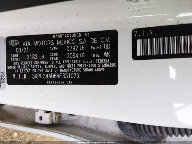 2021 Kia Forte Gt-line მანქანა იყიდება აუქციონზე, vin: 3KPF34AD6ME351079, აუქციონის ნომერი: 45945597