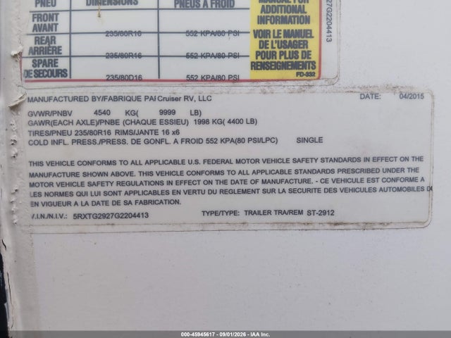 Продажа на аукционе авто 2016 Cruiser St2912, vin: 5RXTG2927G2204413, номер лота: 45945617