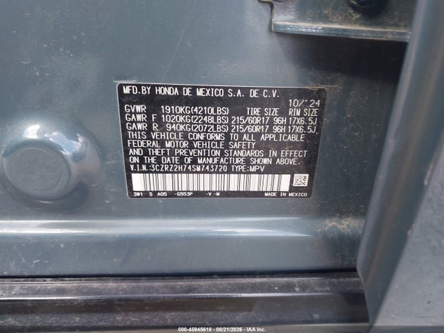 45945618 :رقم المزاد ، 3CZRZ2H74SM743720 vin ، 2025 Honda Hr-v Awd Ex-l مزاد بيع