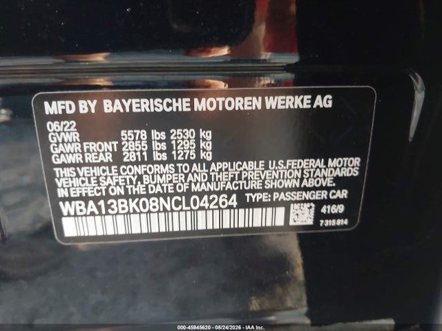 Aukcja sprzedaży 2022 Bmw M550 I Xdrive, vin: WBA13BK08NCL04264, numer aukcji: 45945620