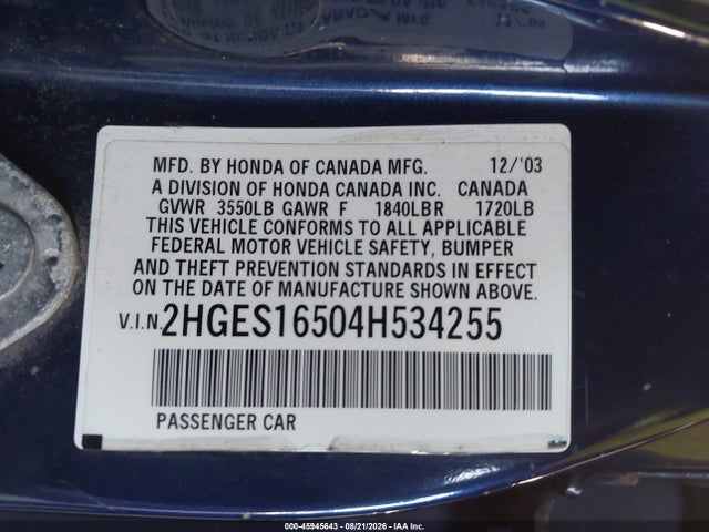 2004 Honda Civic Lx მანქანა იყიდება აუქციონზე, vin: 2HGES16504H534255, აუქციონის ნომერი: 45945643